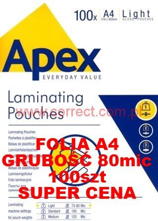 Folia A4 do laminowania błyszcząca 75/80 micronów APEX